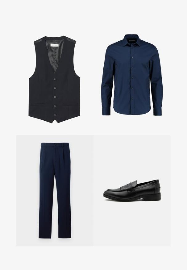 Schwarze Weste mit V-Ausschnitt, sechs vorderen Knöpfen, zwei seitlichen Taschen und einem glatten Innenfutter. Das Material hat eine strukturierte Oberfläche.; Marineblaues Langarmhemd aus glattem Stoff, mit einem klassischen Kragen, vorderen Knöpfen und einer taillierten Passform mit abgerundetem Saum.; Marineblaue Hose aus glattem Stoff, mit einem einzigen Knopfverschluss, Falten und geraden Beinen. Minimalistisches Design ohne auffällige Muster.; Schwarzer Leder-Herrenloafer mit Quasten-Detail, abgerundeter Spitze, niedrigem Absatz und glatter, polierter Oberfläche, von der Seite auf weißem Hintergrund dargestellt.
