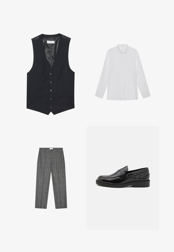Zwarte vest met V-hals, zes knopen aan de voorkant, twee zijzakken en een gladde binnenvoering. Materiaal heeft een gestructureerde afwerking.; Witte blouse met lange mouwen van soepel stof, met een puntige kraag, voorkant met knoopsluiting en manchetten met één knoop.; Grijze op maat gemaakte broek met een subtiel ruitpatroon, voorste knoop, riemlussen en zijzakken, plat gelegd op een witte achtergrond.; Zwarte leren instappers met een gladde afwerking, ronde neus, lage hak en decoratieve stiksels aan de voorkant. Rubberen buitenzool voor grip.