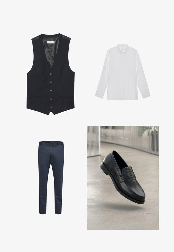 Zwarte vest met V-hals, zes knopen aan de voorkant, twee zijzakken en een gladde binnenvoering. Materiaal heeft een gestructureerde afwerking.; Witte blouse met lange mouwen van soepel stof, met een puntige kraag, voorkant met knoopsluiting en manchetten met één knoop.; Marineblauwe broek van textuurstof met een slim fit, voorzien van een knoopsluiting en ceintuurlussen, geschikt voor zowel casual als formele gelegenheden.; Zwarte leren loafer met een gladde textuur, spitse neus en een decoratieve band over de wreef. Lichtgewicht zool, minimalistisch ontwerp.