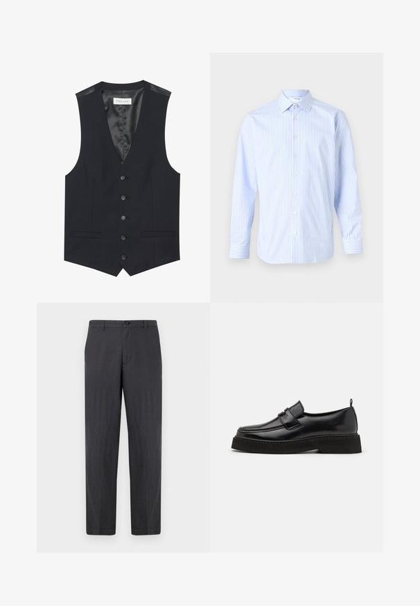 Mustat liivi, jossa on V-pääntie, kuusi etupainiketta, kaksi sivutaskua ja sileä sisävuori. Materiaali on teksturoidulla pinnalla.; Vaaleansininen ja valkoinen raidallinen pitkähihais shirt, jossa on klassinen kaulus, napitus edessä ja hihansuut, valmistettu sileästä kankaasta.; Tummanharmaat suorat housut, jotka on valmistettu kevyestä kankaasta. Varustettu napin suljennalla ja tasaisella etuosalla ilman näkyviä taskuja. Sujuva rakenne.; Musta nahka loafer-tyyliset kengät, joissa on littee, kuvioitu pohja, jossa on tikattu varvas ja hihna jalkapöydän kohdalla.