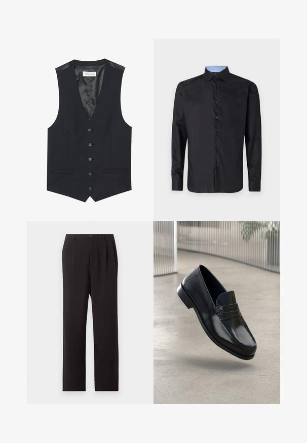 Schwarze Weste mit V-Ausschnitt, sechs vorderen Knöpfen, zwei seitlichen Taschen und einem glatten Innenfutter. Das Material hat eine strukturierte Oberfläche.; Schwarzes Langarmhemd aus glattem Stoff, mit durchgehender Knopfleiste, spitzem Kragen und einem hellblauen karierten Innenkragen.; Schwarze, hoch taillierte, maßgeschneiderte Hose mit Falten, Knopfverschluss, Gürtelschlaufen und geraden Beinen auf einem schlichten hellen Hintergrund.; Schwarze Leder-Loafer mit glatter Oberfläche, abgerundeter Spitze, dekorativen Nähten und leicht erhöhtem Absatz.