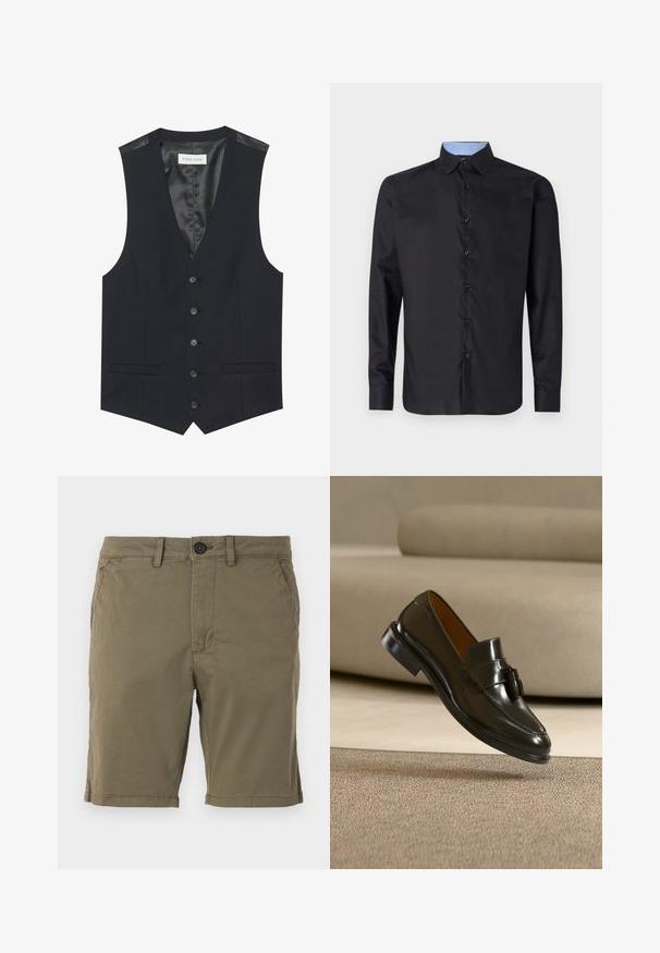 Gilet noir avec un décolleté en V, six boutons sur le devant, deux poches latérales et une doublure intérieure lisse. Le matériau a une finition texturée.; Chemise noire à manches longues en tissu lisse, avec un front boutonné, un col pointu et un col intérieur à carreaux bleu clair.; Shorts vert olive en tissu mélangé coton, avec une fermeture à bouton, des poches avant et un bas ourlé avec des détails de couture subtils.; Mocassin en cuir noir avec pompons flottant au-dessus d'un tapis beige avec un canapé beige en arrière-plan.