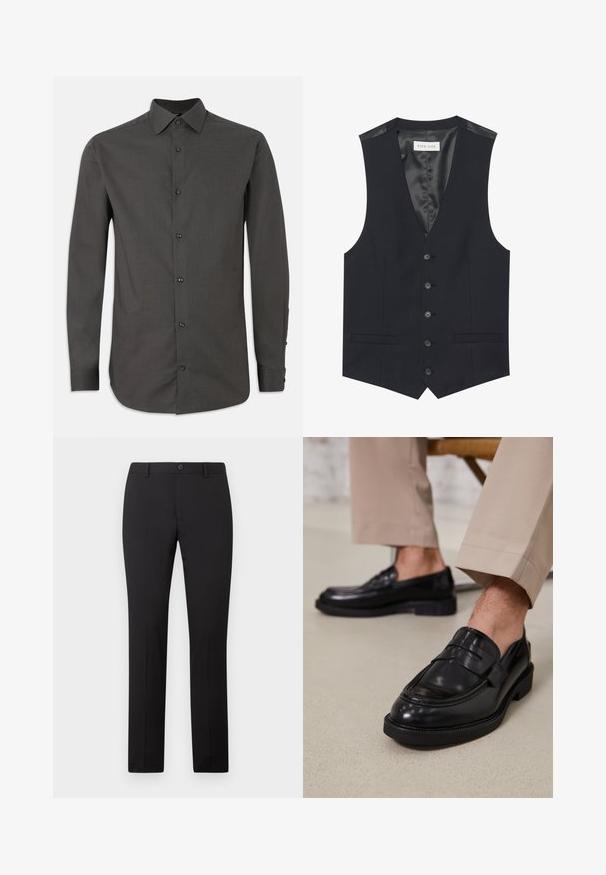 Chaleco negro con escote en V, seis botones en la parte delantera, dos bolsillos laterales y un forro interior suave. El material tiene un acabado texturizado.; Camisa de botón de manga larga en gris oscuro con un cuello estructurado, botones frontales y tabulaciones ajustables en los puños. Textura de tela suave y corte ajustado.; Pantalones negros a medida con diseño de pierna recta, con cierre de botón y trabillas para cinturón. Hechos de tela suave sin patrones visibles.; Mocasines de cuero negro con un acabado suave, que cuentan con una correa decorativa y costuras en contraste, combinados con pantalones beiges.