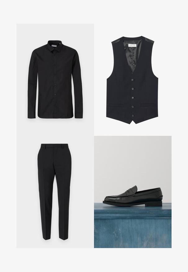 Sort vest med V-hals, seks frontknapper, to sidelommer og en glat inderfoer. Materialet har en tekstureret finish.; Sorte langærmede skjorte med klassisk krave, lavet af glat stof, med frontknapper og en almindelig pasform.; Sorte bukser med et skræddersyet design, flad front, pressefolder og en slank pasform. Lavet af et glat stof for et elegant udseende.; Sorte læderloafers med et slankt design, der har syning ved tåen og en glat finish. Skoen har en lav hæl og minimal udsmykning.