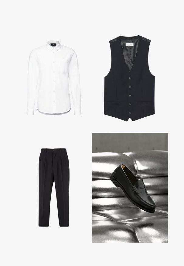 Chaleco negro con escote en V, seis botones en la parte delantera, dos bolsillos laterales y un forro interior suave. El material tiene un acabado texturizado.; Camisa blanca de manga larga hecha de algodón, con collar abotonado, bolsillo delantero y dobladillo redondeado con puños abotonados.; Pantalones negros a medida con pliegues delanteros, trabillas para cinturón y cierre con botón en la cintura.; Zapato mocasín de cuero negro flotando sobre un sofá plateado brillante con tapizado capitoné de cuero en un ambiente minimalista.