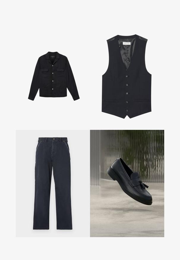 Gilet noir avec un décolleté en V, six boutons sur le devant, deux poches latérales et une doublure intérieure lisse. Le matériau a une finition texturée.; Chemise noire à boutons avec des manches longues, deux poches poitrine et des détails de broderie florale sur le bas du devant. Texture de tissu lisse et brillant.; Pantalons en coton bleu marine avec une coupe droite. Comprend des poches avant, une fermeture à bouton et des détails de couture visibles.; Mocassins en cuir noir avec une texture lisse, un bout arrondi et des pampilles décoratives à l'avant. Semelle en caoutchouc flexible avec un petit talon.