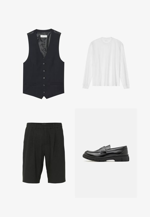Chaleco negro con escote en V, seis botones en la parte delantera, dos bolsillos laterales y un forro interior suave. El material tiene un acabado texturizado.; Camiseta blanca de algodón de manga larga con cuello redondo, con puños acanalados y dobladillo recto, textura suave y diseño minimalista.; Pantalones cortos negros hechos de tejido texturizado, con un corte relajado, pliegues y una cinturilla elástica para mayor comodidad.; Mocasin de cuero negro con una cinta ancha en el empeine, suela de goma con tacos gruesos y textura suave. Diseño clásico y elegante.