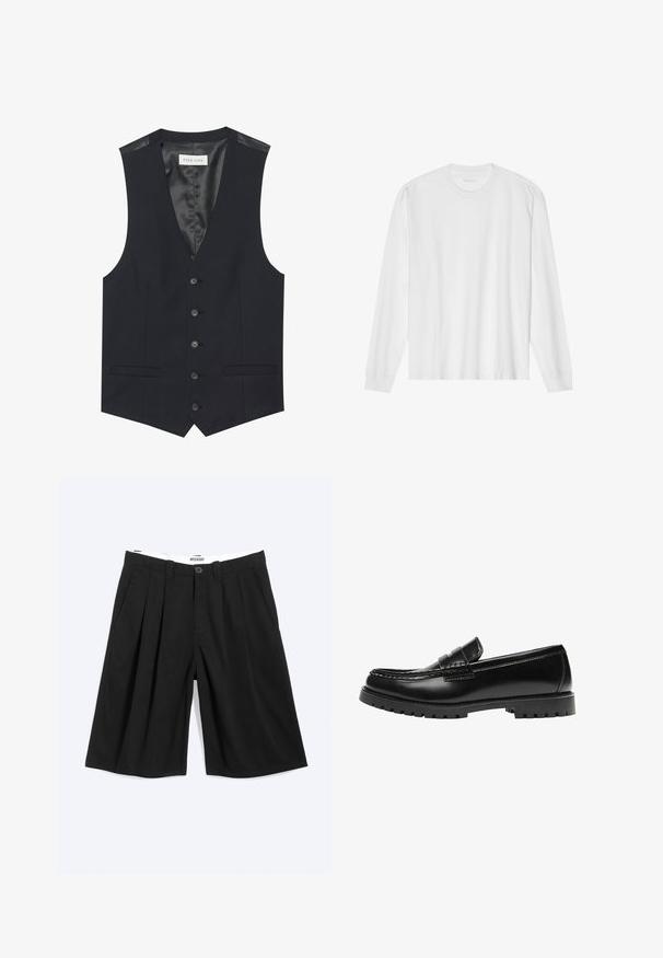 Gilet noir avec un décolleté en V, six boutons sur le devant, deux poches latérales et une doublure intérieure lisse. Le matériau a une finition texturée.; T-shirt blanc en coton à manches longues avec col rond, doté de poignets côtelés et d'un ourlet droit, texture lisse et design minimaliste.; Short noir plissé longueur genou avec passants de ceinture, poches latérales et fermeture par bouton, présenté à plat sur fond blanc.; Mocassin en cuir noir avec une semelle en caoutchouc épaisse et un détail classique de bride à monnaie, vu de côté extérieur.