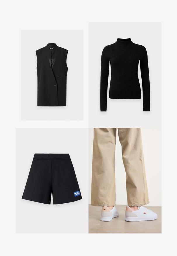 Sort ærmeløs dobbeltradet blazer med notch krave og to knapper, med en lille brystlomme og glat tekstur.; Sort turtleneck sweater med lange ærmer, prydet med et tekstureret mønster og en tætsiddende pasform. Fremstillet af et blødt, strækbart materiale.; Sorte shorts med en afslappet pasform, elastisk talje og blå "HUGO" logo på venstre lår; lavet af blødt, åndbart materiale.; Hvide sneakers med en glat læderfinish, der har en beige ruskindsdetalje på hælen og diskret branding. Sammen med lyse beige bukser.