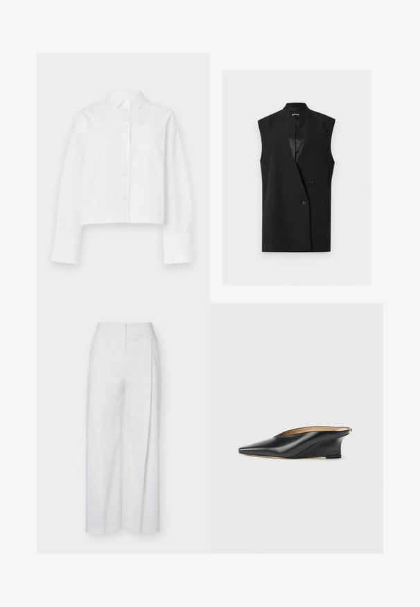 Blazer noir sans manches à double boutonnage avec col cranté et deux boutons, avec une petite poche poitrine et une texture lisse.; Chemise blanche courte en coton. Caractéristiques : col classique, manches longues, boutons sur le devant et poche poitrine gauche.; Pantalon blanc taille haute à jambes larges avec des détails de couture devant et une fermeture avant dissimulée, présenté sur un fond uni.; Chaussure compensée en cuir verni noir avec un bout pointu et un dos ouvert, présentant un design élégant et courbé ainsi qu'un style minimaliste.
