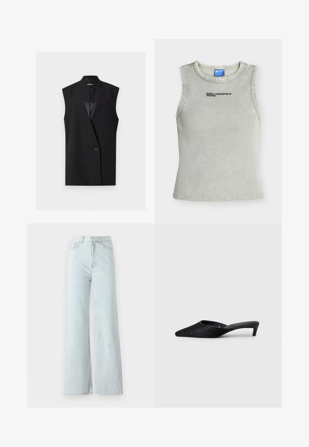 Sort ærmeløs dobbeltradet blazer med notch krave og to knapper, med en lille brystlomme og glat tekstur.; Ærmeløs lysegrå ribstrikket tanktop med rund hals og sort "KARL LAGERFELD JEANS" tekst foran i midten.; Lysblå vid bukser med høj talje, lavet af denimstof. Har en lukning med knap og lynlås samt forlommer.; Sorte suedeslippers med spids tå og lav hæl. Har en glat tekstur og åben ryg for nem påklædning. Simpelt design uden mønstre.