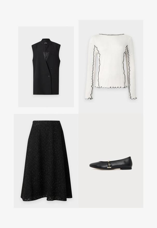 Blazer noir sans manches à double boutonnage avec col cranté et deux boutons, avec une petite poche poitrine et une texture lisse.; Haut à manches longues en coton blanc avec bordure ondulée noire le long de l'encolure et des coutures, présentant une encolure ronde et une silhouette ajustée.; Jupe midi noire en tissu texturé, présentant un motif en losanges et un léger scintillement. Silhouette évasée en forme de A avec un tombé fluide.; Chaussure plate en cuir noir avec bout arrondi et petit détail de boucle dorée sur le côté, présentée sur un fond clair uni.