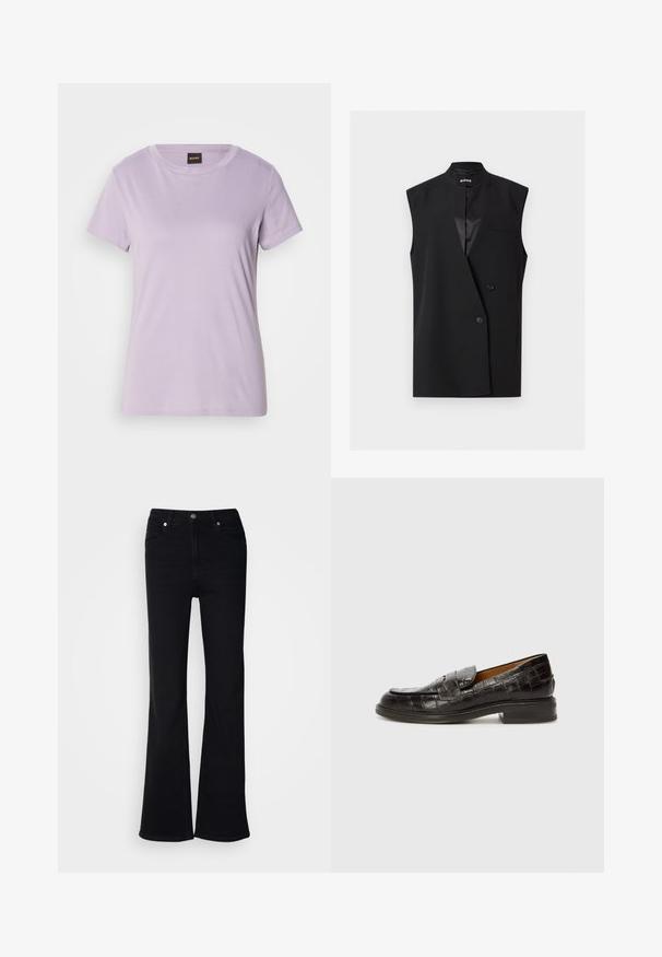 Sort ærmeløs dobbeltradet blazer med notch krave og to knapper, med en lille brystlomme og glat tekstur.; Lys lilla bomulds t-shirt med rund halsudskæring, korte ærmer og en diskret skrifttype logo dekorert med rhinsten på brystet.; Sorte flared jeans lavet af denim, med knap- og lynlåslukning, fem lommer og en glat tekstur.; Billi Bi Loafers - espresso