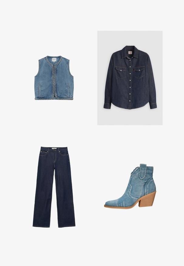 Mouwloos blauw denimvest met gevlochten bies langs de kraag, de vooropening en de zoom, voorzien van twee voorzakken met een spleet.; Donkerblauwe denim overhemd met lange mouwen, kraag met knopen aan de voorkant, twee borstzakken met kleppen en contrasterende gele stiksels.; Donkerblauwe straight-leg spijkerbroek met voor- en muntzakken, knoopsluiting en zichtbare stiksels op een witte achtergrond.; Blauwe spijkerdenim enkellaarsjes met een spitse neus, verouderde textuur en een gestapelde houten hak. Voorzien van zijlussen voor makkelijk aan- en uittrekken.