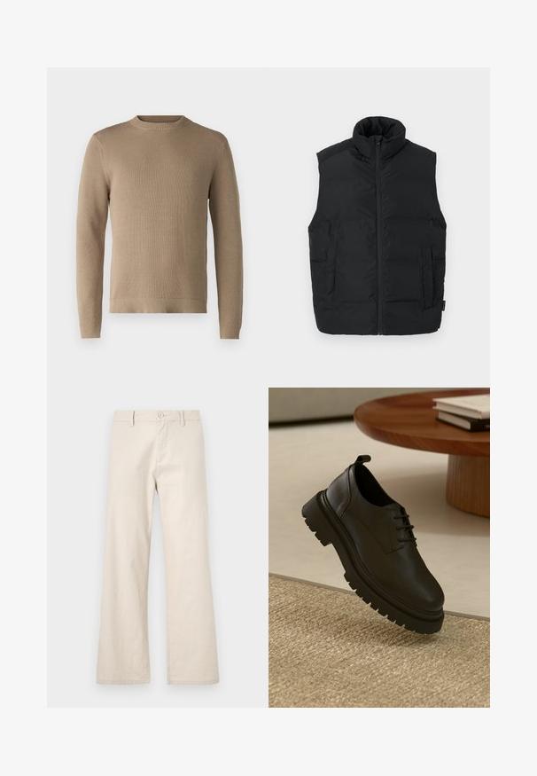 Veste sans manches noire en doudoune avec col montant, fermeture éclair à l'avant et deux poches latérales ; fabriquée en tissu lisse et isolé.; Pull en tricot beige avec un col rond, des poignets et un ourlet côtelés, et un tissu texturé, présentant une couleur unie sans motifs ni accents.; Pantalons larges beiges en tissu léger, dotés d'une fermeture à bouton et de poches avant, avec une finition lisse et sans texture.; Chaussure en cuir noir avec une surface texturée, bout rond, design à lacets et semelle en caoutchouc noir épaisse. Flottant au-dessus d'un tapis tissé.