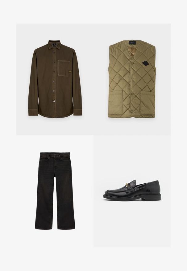 Replay QUILTED PUFFER VEST - Vest - mud green; Langærmet mørkebrun skjorte med knapper, krave, enkelt brystlomme og synlige syninger på hvid baggrund.; Sorte jeans med lige ben, for- og baglommer, bæltestropper, knaplukning og synlige syninger.; Sorte læder loafers med en rund tå, der har guld hardware accent og syningsdetaljer, placeret på en lav, tekstureret gummisål.