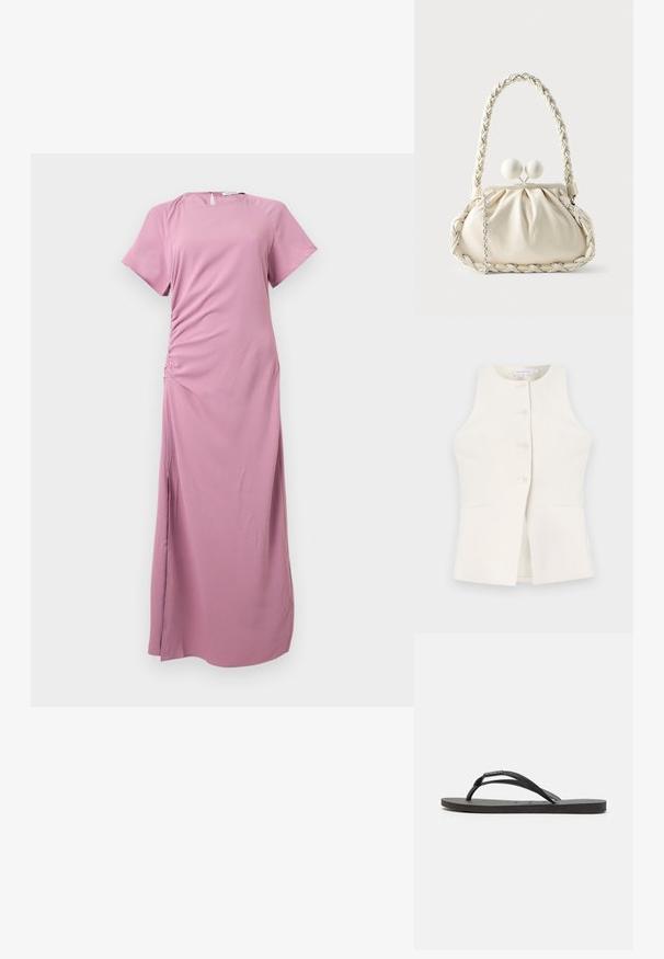 Good American LUXE SUITING SCULPTED - Liivi - cloud white; Lila lyhythihainen maksimekko, jossa rypytetty sivu, pyöreä pääntie ja pitkät halkiot molemmilla puolilla.; Mustat flip-flop-sandaalit, joissa on tekstuuriset hihnat ja litteä kumipohja. Hihnoissa on pieni kimalluskoristelu.; Kermanvärinen nahkalaukku, jossa on punottu kahva, kerätty runko ja tunnistettava pallomainen solki. Mukana irrotettava ketjuhihna.
