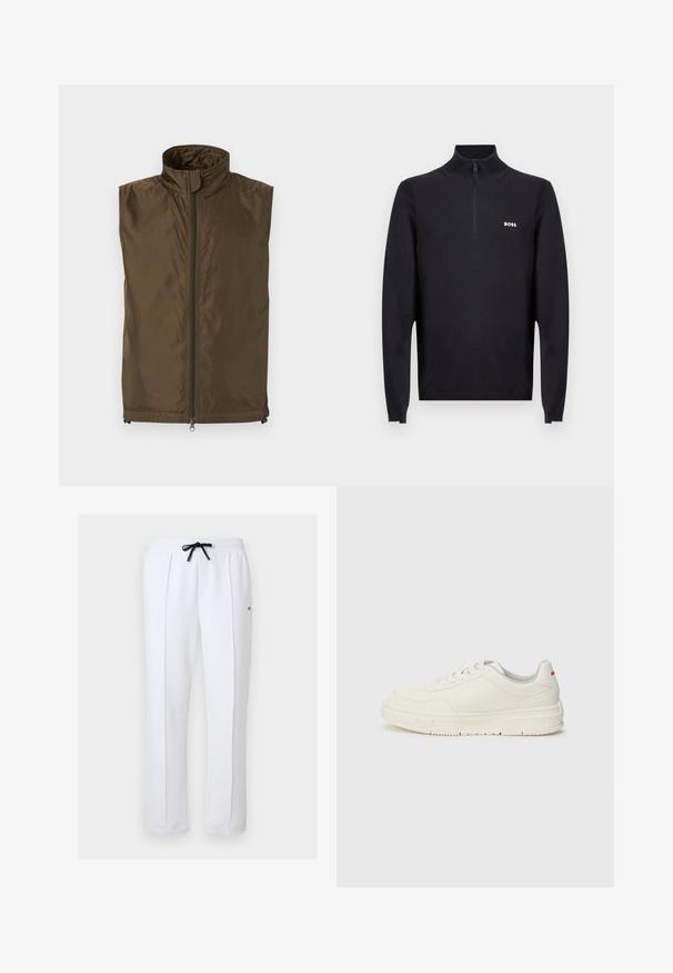 Ärmellose braune Weste mit hohem Kragen und durchgehendem Frontreißverschluss, aus leichtem, leicht glänzendem Stoff, flach auf weißem Hintergrund dargestellt.; Schwarzer Strickpullover mit Reißverschluss am Hals aus festem Stoff, mit strukturiertem Kragen und Bündchen. "BOSS"-Logo auf der linken Brust.; Weiße Hose mit geradem Bein, Bügelfalte vorne, elastischem Bund, schwarzer Kordel und kleinem Logodetail am rechten Oberschenkel.; Weißes Sneaker-Modell mit einer glatten Lederoberfläche, runder Zehenpartie, flachen Schnürsenkeln und einer strukturierten Gummisohle. Ein roter Akzent befindet sich an der Ferse.