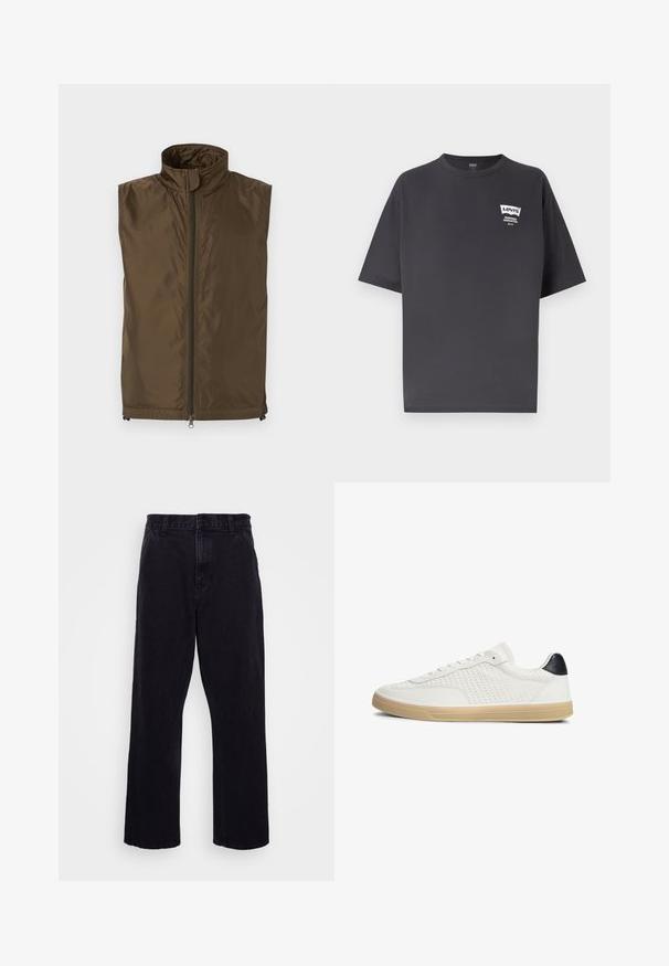 Ärmellose braune Weste mit hohem Kragen und durchgehendem Frontreißverschluss, aus leichtem, leicht glänzendem Stoff, flach auf weißem Hintergrund dargestellt.; Dunkelgraues Levi's T-Shirt mit kurzen Ärmeln, Rundhalsausschnitt und kleinem weißen Logo auf der linken Brust mit der Aufschrift "Levi's Frische garantiert."; Schwarze Jeanshose mit geradem Bein, ausgestattet mit einem Knopf- und Reißverschluss, Gürtelschlaufen und minimalen Nähdetails.; Weißer Sneaker mit niedrigem Schaft, beiger Sohle, schwarzem Fersenlasche, seitlichen Perforationen und weißen Schnürsenkeln, im Profil vor weißem Hintergrund gezeigt.