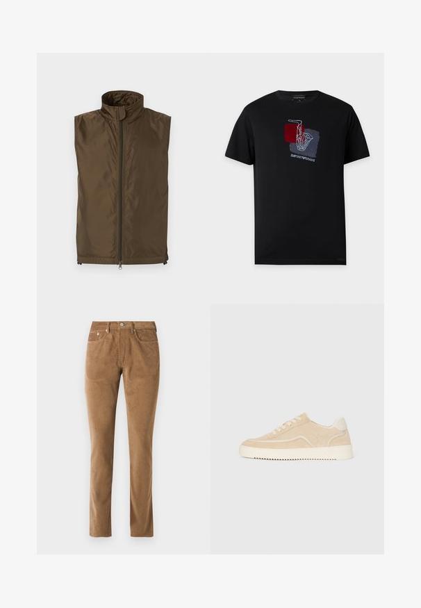 Brun ærmeløs vest med høj krave og fuld lynlås foran, lavet af let, let glinsende stof, vist fladt mod en hvid baggrund.; Sort T-shirt med korte ærmer med en hvid saxofontegning over røde og blå firkanter og Emporio Armani-logoet under designet.; Brune corduroy bukser med en skræddersyet pasform, der har fem lommer, en knaplukning og syet detaljer langs sømmene.; Beige ruskinds sneakers med hvid sål og snørebånd, lavtop design og zigzag mønster på sålen.