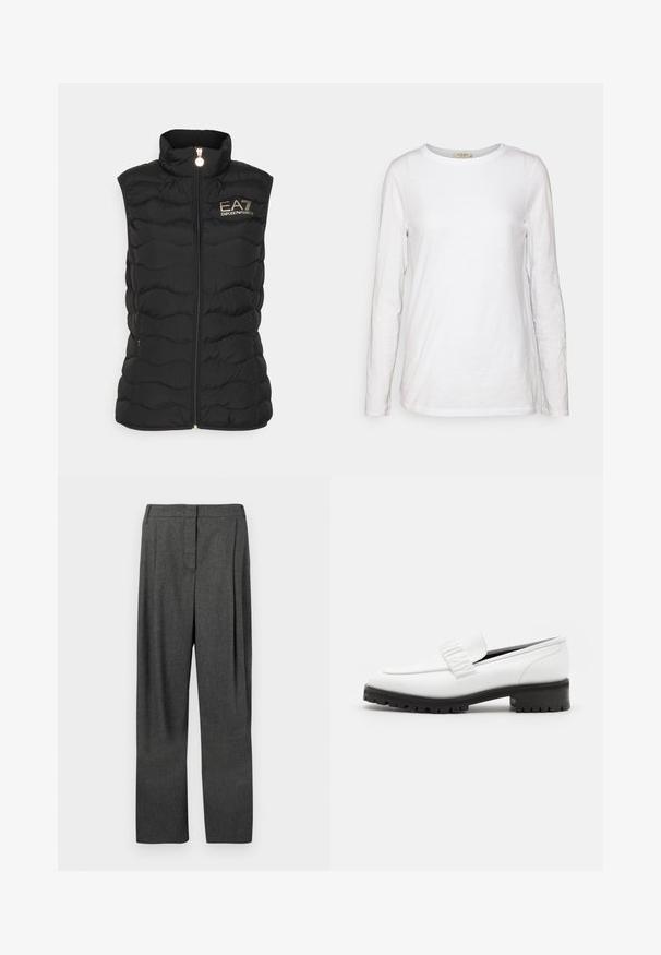 Sort quilted ærmeløs vest med høj krave, der har en frontlynlås og "EA7 Emporio Armani" logo i guld på venstre side.; rag & bone THE SLUB - Langærmet T-shirt - bright white; Grå skræddersyede bukser lavet af vævet stof, med lige ben, frontfolder og en glat tekstur.; Elleme CHOUCHOU SQUARE LOAFER - Loafers - white