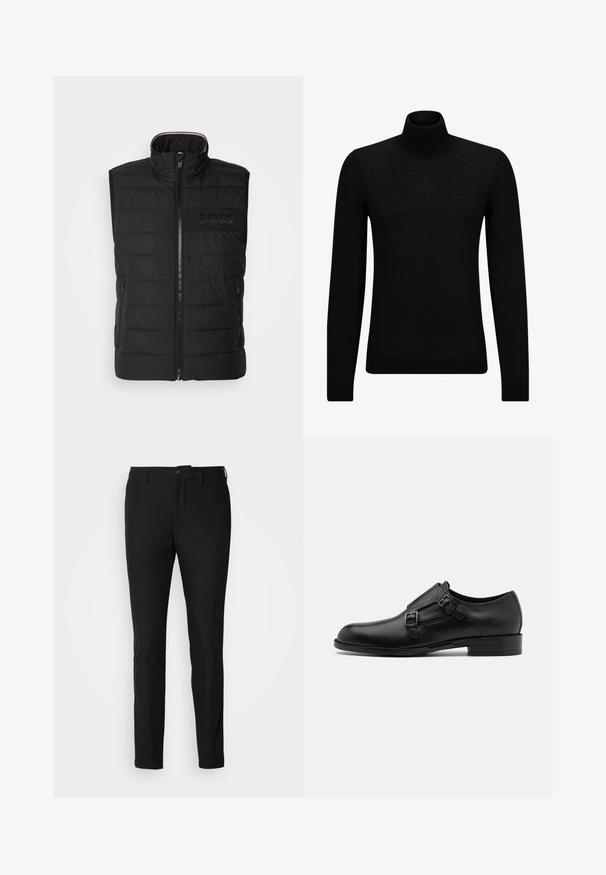 Chaleco sin mangas negro con textura acolchada, cuello alto y cremallera frontal. Presenta un sutil logo "BOSS" a tono en el pecho y bolsillos laterales.; Jersey de cuello alto negro hecho de un material suave, con mangas largas y un ajuste ceñido. Ribete acanalado en el dobladillo y los puños. Diseño simple.; Pantalones negros de corte ajustado, con cierre de botón, cremallera y dos bolsillos frontales. Tejido suave con un acabado mate.; Zapato de vestir de cuero negro con doble hebilla, silueta elegante y punta redonda. Cuenta con un tacón bajo y una textura suave.