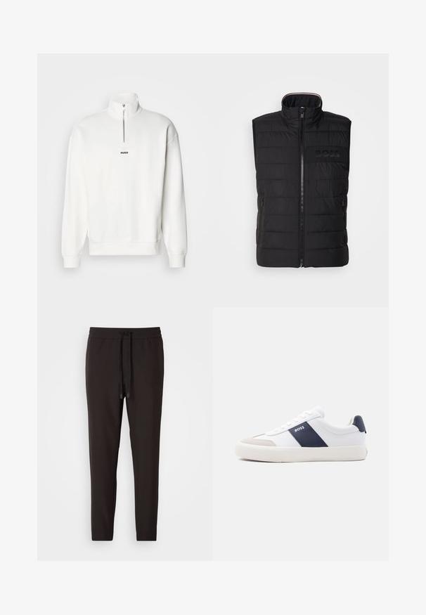 Sort ærmeløs vest med quiltet tekstur, høj krave og frontlynlås. Har et diskret tonalt "BOSS"-logo på brystet og sidelommer.; Hvid pullover sweatshirt med høj krave og halvlukning, der har et lille sort "HUGO" logo centreret på brystet. Blød stoftekstur.; Sorte joggingbukser lavet af blødt stof, med en elastisk bæltelås og snor, tætsiddende ben og uden synlige mønstre eller udsmykninger.; Hvid sneakers med lav top med navyblå side stribe, "BOSS" logo, beige tåbeskytter og hvid sål, vist i profil på en lys baggrund.