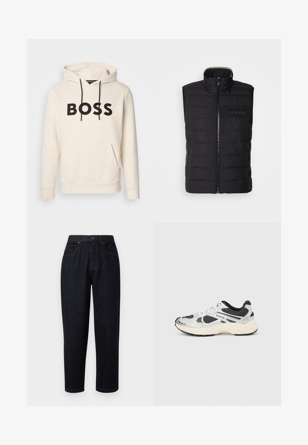 Sort ærmeløs vest med quiltet tekstur, høj krave og frontlynlås. Har et diskret tonalt "BOSS"-logo på brystet og sidelommer.; Cremefarvet hoodie med sort "BOSS" tekst på brystet, sorte snore og en front kangaroo lomme.; Mørkeblå denimbukser med en afslappet pasform, der har knap- og lynlåslukning, to forlommer og stikninger som pynt.; Hvid og sort lav-top sneaker med mesh-paneler, mærket "HUGO" på siden, og tyk off-white sål mod en lysegrå baggrund.