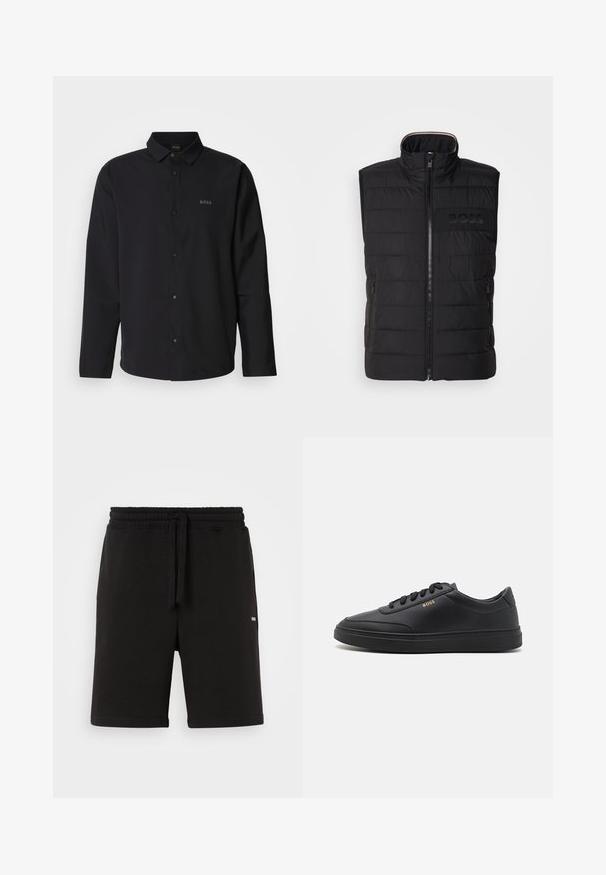 Schwarze ärmellose Weste mit gestepptem Muster, hohem Kragen und Frontreißverschluss. Verfügt über ein dezentes tonal "BOSS"-Logo auf der Brust sowie seitliche Taschen.; Schwarzes Langarmhemd mit Knopfleiste und Kragen; verfügt über dezentes "BOSS"-Logo in passendem Schwarz. Glattes Material mit taillierter Passform.; Schwarze Baumwollshorts mit elastischem Bund und Kordelzug. Verfügt über seitliche Taschen und ein kleines Logo auf der Vorderseite. Glatte Textur.; Schwarze Leder-Sneaker mit glatter Textur, runder Zehenpartie, flacher Gummisohle und einfarbigen Schnürsenkeln. Mit goldfarbenem "BOSS" Logo an der Seite.