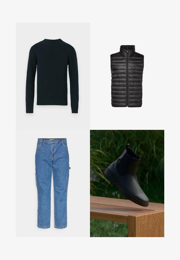 Sort puffy vest med høj krave, der har quiltet tekstur, lynlås foran og er ærmeløs. Fremstillet af skinnende, let materiale.; Sort langærmet strikket sweater med rund halsudskæring og ribbede manchetter og kant, vist på en ensfarvet hvid baggrund.; Blå denim cargo bukser med lige ben, knaplukning og sidelommer. Stoffet har et klassisk, struktureret væv.; Sort læder ankelstøvle med elastiske sidepaneler, glat overflade, afrundet tå og flad sål, placeret over et træt bord mod en grøn baggrund.