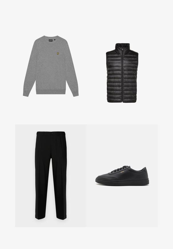 Sort puffy vest med høj krave, der har quiltet tekstur, lynlås foran og er ærmeløs. Fremstillet af skinnende, let materiale.; Grå sweater med lange ærmer, rund hals og ribbede manchetter. Har et lille gult broderet logo på venstre bryst. Lavet af blødt stof.; Sorte bukser lavet af glat stof, med lige snit, to forlommer og lynlås med knaplukning.; Sorte lædersneakers med en glat overflade, rund tå, flad gummisål og tonede snørebånd. Udstyret med guld "BOSS" branding på siden.