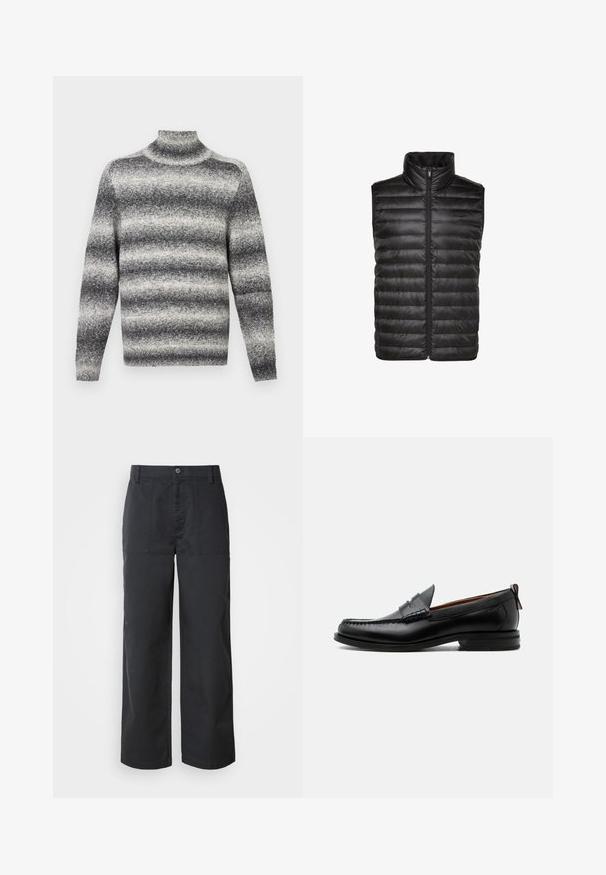 Sort puffy vest med høj krave, der har quiltet tekstur, lynlås foran og er ærmeløs. Fremstillet af skinnende, let materiale.; Grå og hvid stribet højhalset sweater med ribstrik i halsen, der tilbyder en blød tekstur og almindelige lange ærmer.; Bukser med vide ben i mørkeblåt bomuldsstof, der har forlommer foran og lukning med knap. Glat tekstur med et minimalistisk design.; Sort læder herre loafer med moc-tå syning, penny strop, struktureret krave og lav stablet hæl på hvid baggrund.