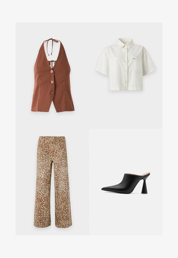 Haut de style halter marron avec un décolleté en V profond, comportant quatre boutons roses et une fermeture à nouer au cou. Tissu lisse avec une silhouette ajustée.; Chemise blanche à manches courtes avec col, en coton, avec un design court, deux poches poitrine et une petite étiquette de logo.; Pantalons larges à imprimé léopard dans des tons beige et marron, avec une taille classique, une fermeture à bouton et un design à cinq poches.; Mules en cuir noir avec un bout pointu et un talon conique unique. Texture lisse et design minimaliste, à dos ouvert pour un enfilage facile.