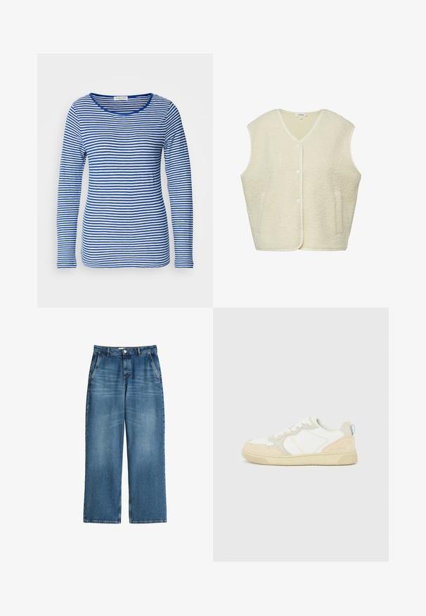 Crèmekleurig mouwloos fleecevest met drukknoopsluiting aan de voorkant en zijzakken, voorzien van een V-hals en een zachte textuur.; Langsleeve shirt met een ronde hals, met afwisselend blauwe en witte horizontale strepen. Gemaakt van zachte, lichte stof.; Lichtblauwe denim wijde jeans met een rechte pasvorm, voorzien van vijf zakken, een knoopsluiting en subtiele vervaging over de stof.; Witte en beige sneaker met een bovenwerk van suède en textiel, voorzien van contrasterende stiksels, een rubberen zool en een lichtblauwe accenten op de hiel.