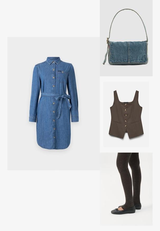 Ærmeløs brun vest med firkantet udskæring, fem knapper foran og to horisontale slidser lommer på en hvid baggrund.; Denim skjortekjole med lange ærmer, frontknapper, brystlomme og knyttet taljebælte i medium blå vask.; Ben iført mørke ribbede leggings kombineret med sorte balletsko med små sløjfedetaljer på hvid baggrund.; Denim skuldertaske med fold-over design, lys blå farve, synlige sømme, justerbar rem og en sidelabel-detalje.