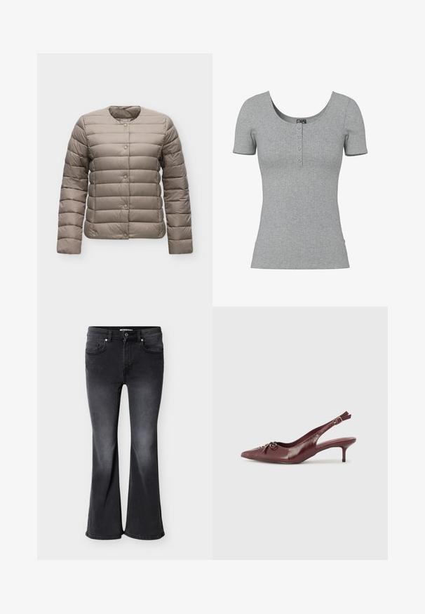 Veste matelassée marron clair avec manches longues, col rond et fermeture par boutons-pression à l’avant sur fond uni.; Haut gris côtelé à manches courtes avec un col rond en U et quatre petits boutons en ligne au centre devant.; Jean évasé noir en denim, doté de quatre poches, passants pour ceinture, et d'une texture délavée avec une teinte légèrement plus foncée à l'ourlet.; Talons slingback en cuir bordeaux avec un embout pointu, une sangle ajustable et un détail de nœud décoratif à l'avant. Hauteur du talon de 7,5 cm.