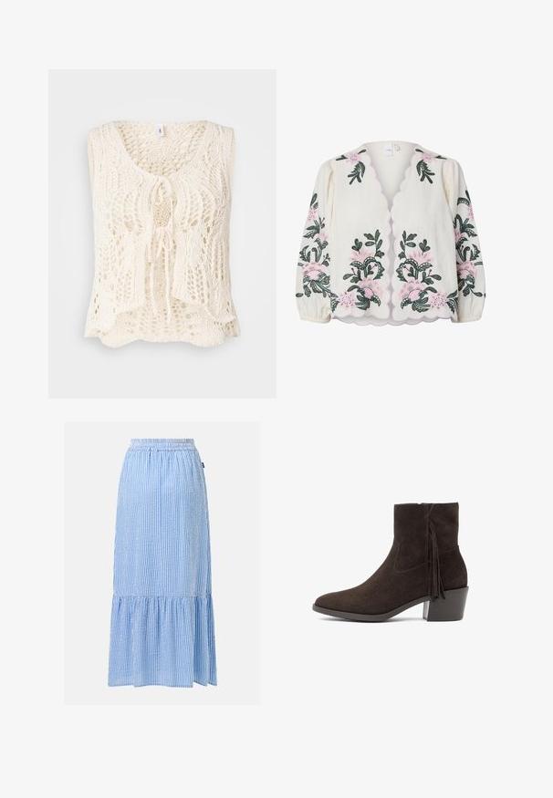 Gilet tricoté en crème avec un décolleté en V et une fermeture à nouer. Présente un motif ajouré complexe et un design ample et fluide. Texture douce.; Blouse crème à manches longues avec bords festonnés et broderies florales roses et vertes sur le devant et les manches.; Jupe midi à rayures verticales bleu clair et blanc avec taille élastique et détail volanté à l'ourlet sur fond uni.; Bottine en daim marron foncé avec talon bloc et détail pompon sur le côté, avec une pointe effilée et une fermeture éclair latérale.
