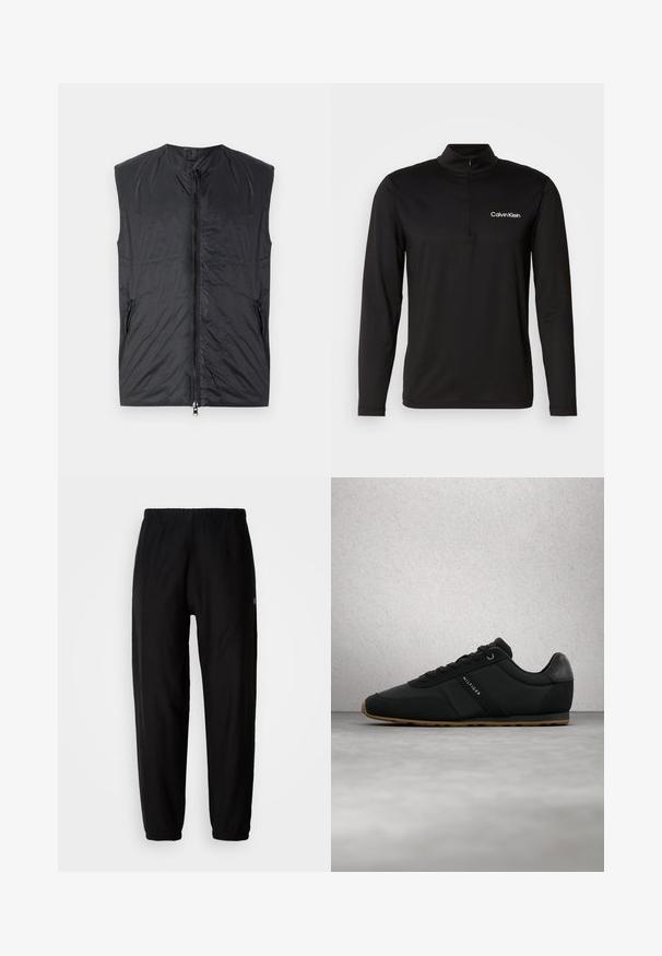 Sort ærmeløs vest lavet af letvægts, skinnende materiale. Har en fuld frontlynlås og to sidelommer med lynlås. Glat tekstur, minimalistisk design.; Sort langærmet pullover med høj krave, halv-zip lukning og struktureret stof. Har et lille hvidt logo på venstre bryst.; Sorte træningsbukser med elastisk talje, tapered ben og manchetter. Glat stoftekstur. Logo detalje på siden.; Sort Tommy Hilfiger-sneakers med brun sål, snørebånd bundet, svævende over en grå gulv tæt på glasvægs-panel indendørs.