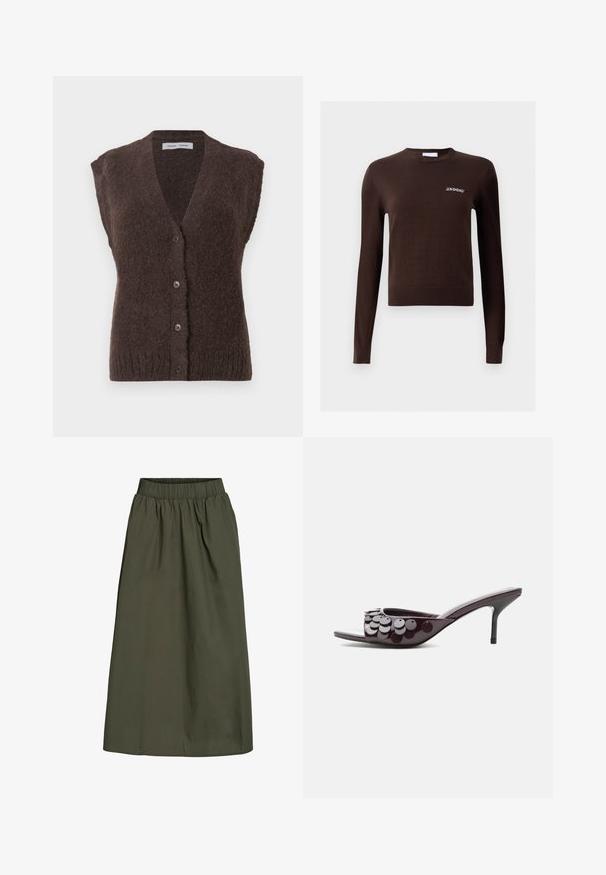 Brun fuzzy ærmeløs strikket vest med V-udskæring og fire knapper foran, mærket Samsøe Samsøe.; Brun strikket sweater med lange ærmer og rund hals. Har et lille, hvidt broderet "2NDDAY" logo på brystet. Ribbet kant og manchetter.; Olivengrøn, ankel-længde nederdel med samlet elastisk talje og en glat, let krøllet stoftekstur.; Mørkelilla mule med åben tå, mellemhøj stilettohæl og cirkulære palietter på den øverste rem.