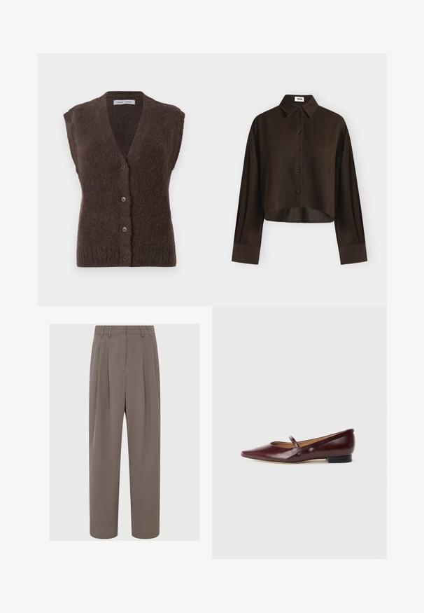 Brun fuzzy ærmeløs strikket vest med V-udskæring og fire knapper foran, mærket Samsøe Samsøe.; Mørkebrun langærmet cropped skjorte med knapper, spids krave og brede manchetter, vist på en ensfarvet lys baggrund.; Brune plisserede bukser med høj talje, slankt stof, vidde ben-design og sidelommer, der har en glat og let tekstur.; Burgundyrød patenteret lædersko med spids tå og en dekorativ rem over vristen. Har en lav sort hæl.