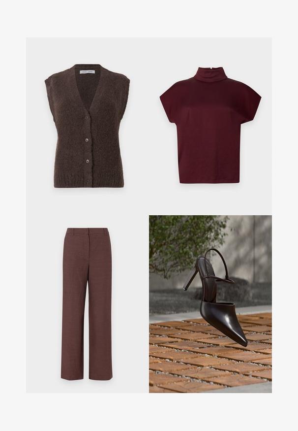 Brun fuzzy ærmeløs strikket vest med V-udskæring og fire knapper foran, mærket Samsøe Samsøe.; Bordeauxrød t-shirt med korte ærmer, høj krave og afslappet pasform, lavet af blødt stof, med lukning bagpå og glat tekstur.; Brune bredbensbukser lavet af tekstureret stof med en glat finish, med flad front, bæltesløjfer og sidelommer.; Blank højhælet mule med spids tå og ankelrem, svævende over en terracottaflisebelagt overflade med grusfyldte mellemrum.