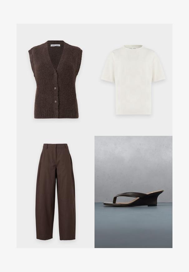 Gilet tricoté sans manches en brun duveteux avec un col en V et quatre boutons sur le devant, étiqueté Samsøe Samsøe.; T-shirt blanc cassé uni à manches courtes et col rond, coupe décontractée, présenté sur un fond clair.; Pantalon marron taille haute à jambes larges, avec passants ceinture, poches latérales, et fermeture éclair et bouton à l'avant.; Sandale compensée noire avec brides en lanières posée sur une planche en bois et un sol en pierre en plein air près de plantes vertes et d'un mur en béton.
