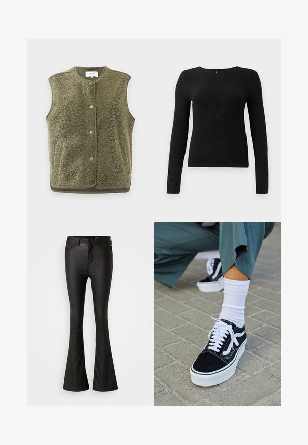 Olive rohelise värvi fleece-vest, millel on tekstureeritud pind, ümmargune kaelus, nööbid ja kontrastne äär. Ilma varrukateta; juhuslik disain.; Musträpiga musta pika varrukaga topp ümmarguse kaelusega ja sobiva siluetiga. Kude paistab pehme ja tekstuuriga, kerge venivusega.; Mustad laiad teksad, valmistatud läikivast ja siledast kangast. Omab kõrge vöökohaga disaini, ees on taskud ning lukuga nööpauk.; Mustjad sametist tennisjalanõud valgete aktsentide ja nööridega, millel on paks valge tald ja kontrastsed õmblused, koos valge sokiga.