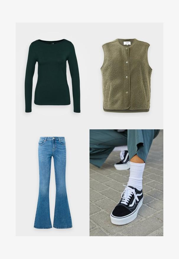Chaleco de forro polar en verde olivo, con una superficie texturizada, cuello redondo, botones de presión y un dobladillo en contraste. Sin mangas; diseño casual.; Parte superior de manga larga en verde oscuro, fabricada con tela suave. Presenta un escote redondo y un diseño ajustado con bordes sin costuras. Estilo minimalista.; Jeans de mezclilla azul acampanados con una cintura de media altura, que cuentan con cinco bolsillos, un cierre de botón estándar y un ligero desgastado para dar textura.; Zapatillas de ante negro con acentos y cordones blancos, que cuentan con una gruesa suela blanca y costuras en contraste, combinadas con un calcetín blanco.