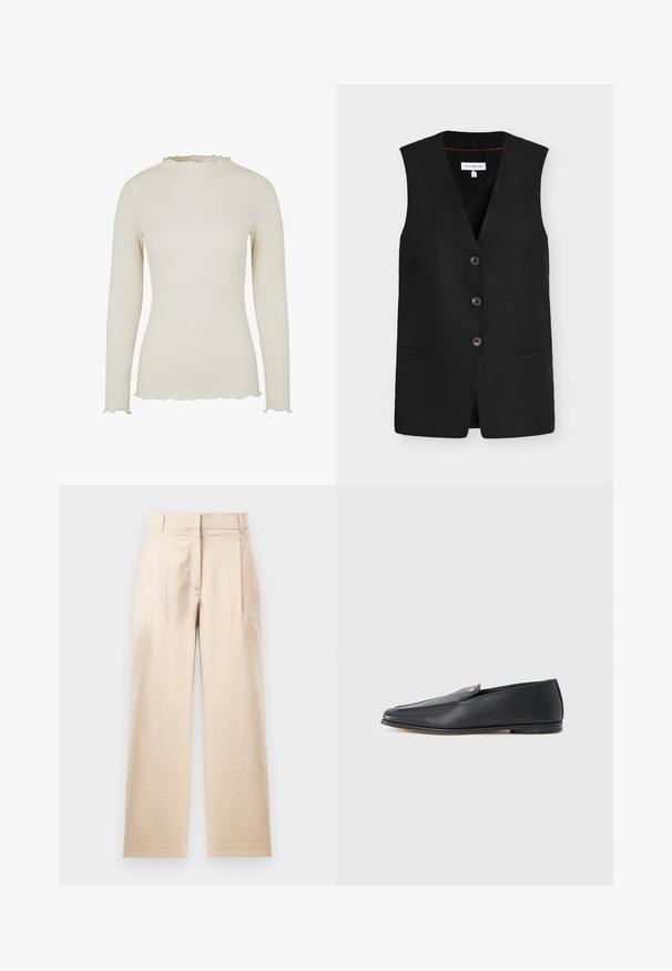 Gilet noir sans manches avec trois boutons, col en V et deux poches devant.; T-shirt à manches longues en tissu côtelé crème clair avec une finition texturée. Dispose d'un décolleté et d'un ourlet à volants pour un détail supplémentaire.; Pantalon beige en tissu lisse. Présente une coupe droite, un devant plat et deux plis. Sans motifs visibles ni accessoires.; Mocassins en cuir noir à texture lisse, bout arrondi et détails de couture subtils. Ils présentent un accent logo doré sur le côté supérieur.