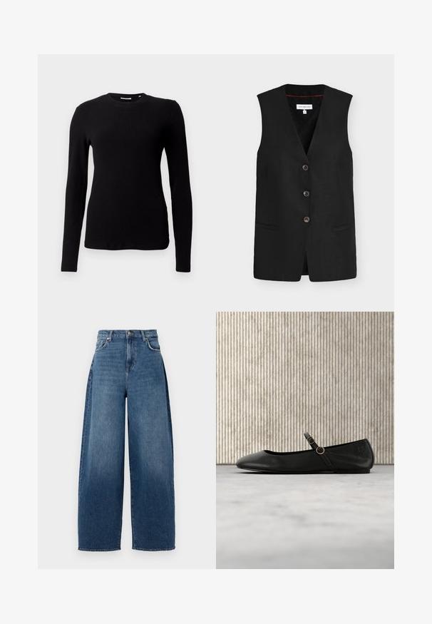 Sort ærmeløs vest med tre knapper, V-hals og to forlommer.; Sort langærmet ribbet top med rund halsudskæring og tætsiddende pasform, der har en blød tekstur og et sømløst design.; Bredde ben jeans lavet af mørkeblå denim. Har høj talje, fem lommer og lukning med knap foroven. Let slidt tekstur i hele stoffet.; Sort læderballetflad med rundet tå, der har en tynd rem og guldfarvet rund hardware. Glat tekstur og minimalistisk design.