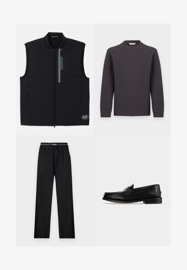 Gilet sans manches noir en tissu léger, avec une fermeture éclair sur le devant, deux poches latérales et un accent réfléchissant avec un logo.; Chemise à manches longues en maille gaufrée gris foncé avec encolure ronde et poignets côtelés, présentée sur un fond blanc.; Pantalons noirs à coupe décontractée, taille élastique, cordon de serrage ajustable et poches latérales. Fabriqués en tissu lisse sans motifs.; Mocassin homme en cuir noir avec un petit talon et une couture de style mocassin sur l'avant, vu de côté sur un fond uni.