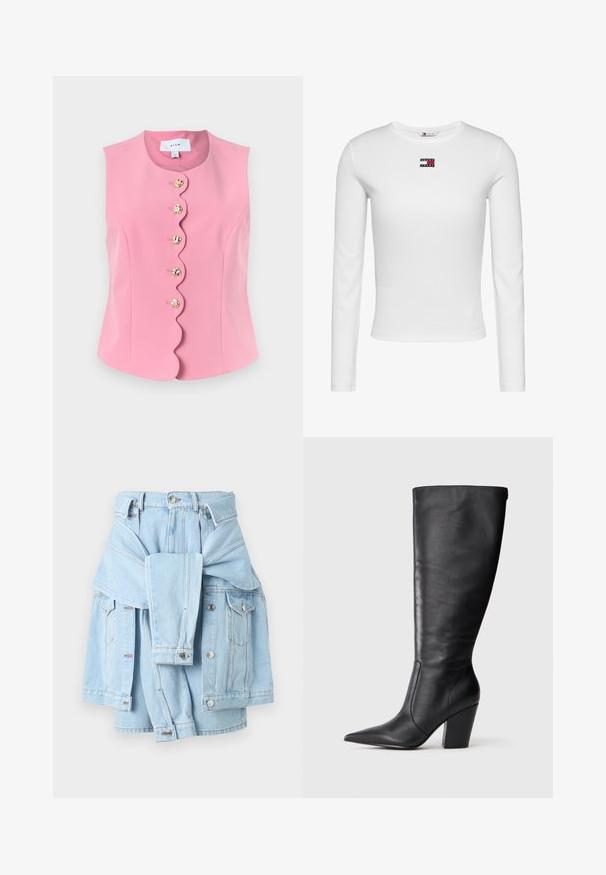 Gilet rose sans manches avec bord avant festonné et cinq boutons ronds décoratifs en or alignés au centre.; Chemise blanche à manches longues côtelée avec col rond et petit patch logo Tommy Jeans centré sur la poitrine.; Jupe en denim bleu clair avec une veste en denim assortie nouée autour de la taille, poches avant, boutons et passants de ceinture visibles.; Botte en cuir noire à hauteur de genou avec bout pointu et talon large, présentée en profil latéral gauche sur fond blanc.