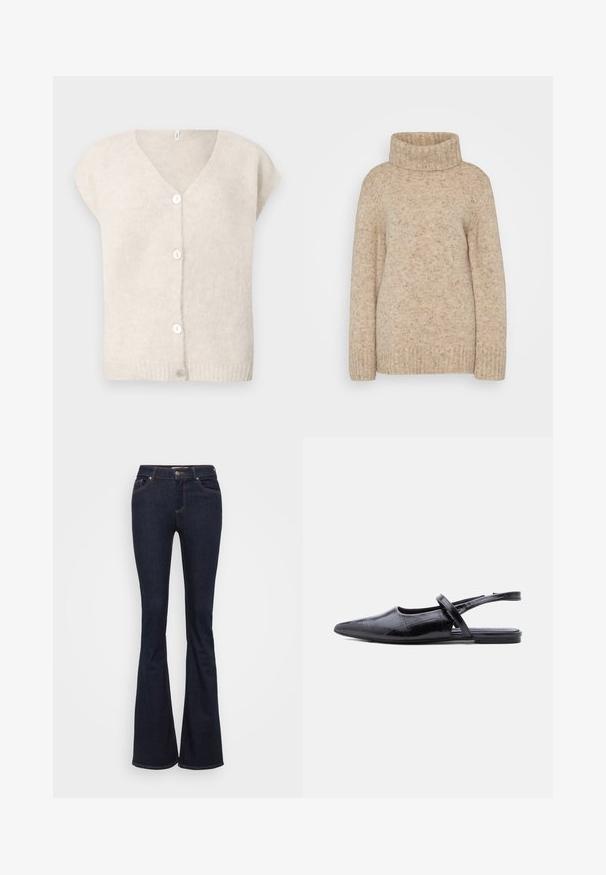 Beige kortærmet strik cardigan med V-hals og fire hvide knapper foran, præsenteret på en ensfarvet baggrund.; Beige strikket turtleneck sweater med ribbet krave, lange ærmer og en tekstureret finish med subtile striber. Løs pasform.; Mørkeblå udvidede jeans lavet af denim. Har fem lommer, lynlås foran og kontrasterende guldsytrådsøm langs sømmene. Glat tekstur.; Sort spids slingback-flad sko med tynd strop over toppen og tekstureret lædermønster.
