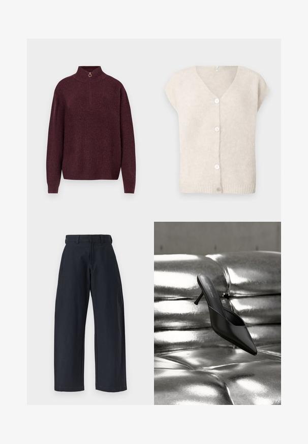 Cardigan en tricot beige à manches courtes avec décolleté en V et quatre boutons blancs sur le devant, présenté sur un fond uni.; Pull en tricot bordeaux avec un col monté, doté d'une demi-fermeture éclair avec un tirette circulaire, texture côtelée et manches longues ajustées.; Pantalon noir à jambes larges avec passants pour ceinture et poches latérales, présenté à plat sur un fond blanc.; Mule noire à bout pointu avec un talon fin, posée sur une surface matelassée argentée brillante et métallique.